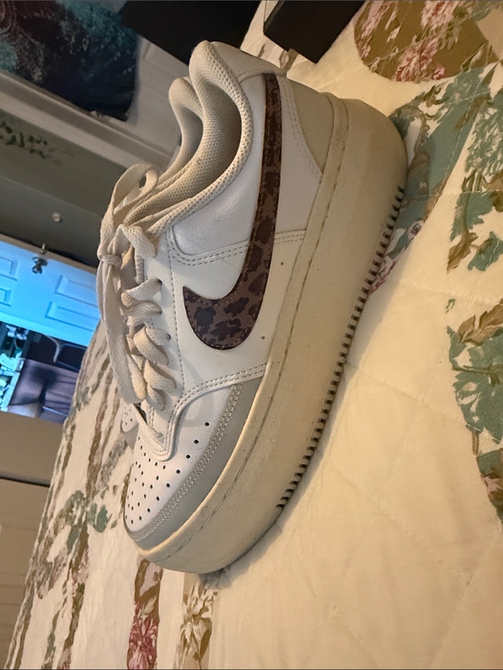 Nike Women’s White Sneakers with Brown Camo Swoosh